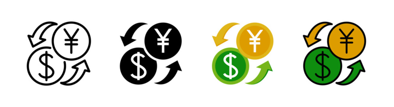 Currency exchange icon, Dollar to Yuan. Icon set of 4 style variation.