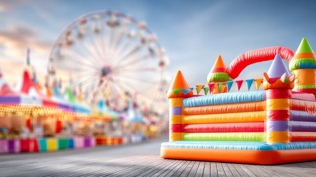 Colorful inflatable bounce house with carnival amusement park background