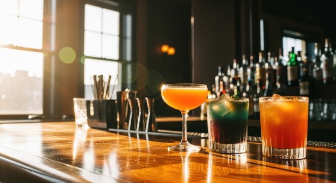 Cocktails lined up on a polished wooden bar counter with natural light.