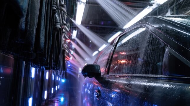 Modern car being thoroughly washed under high pressure water jets inside automated indoor vehicle cleaning station with bright overhead lighting and reflective wet surface