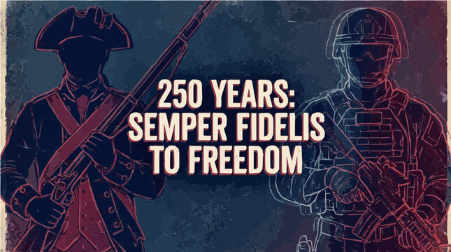 250 Years Semper Fidelis to Freedom Military Illustration, Revolutionary War and Modern Soldier Double Exposure Patriotic Graphic