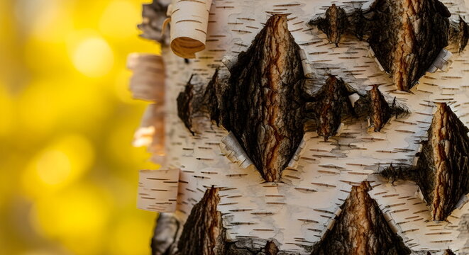 Close Up of Peeling White Birch Tree Bark with Autumn Background