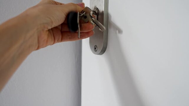 Woman unlocking apartment door with house keys and My First Home keychain. First property purchase and homeownership concept for new beginning and independent living