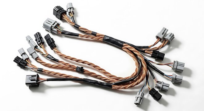 Group of electrical wiring harness cables with plastic connectors for automotive industry