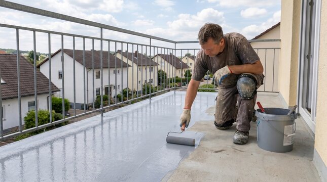 Professional worker in work clothes applying grey waterproof coating on a residential balcony floor using a paint roller.