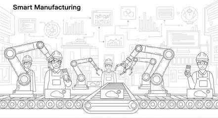 Obraz premium Smart Manufacturing Industry Automation Robots Assembly Line.