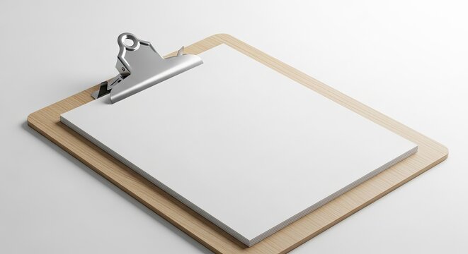 Blank wooden clipboard with white paper mockup on white background.
