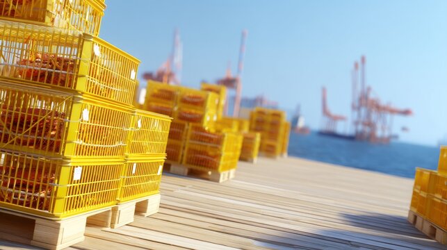 Stacked yellow plastic cages on wooden dock with harbor cranes background