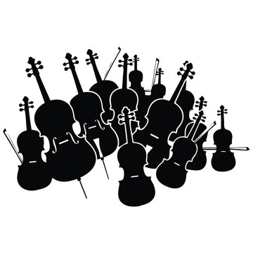 Set of musical instruments vector silhouette illustration showing classic string ensemble.