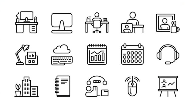 Office Workspace and Remote Working Line Icon Set Desk Setup, Coworking, and Business Essentials
