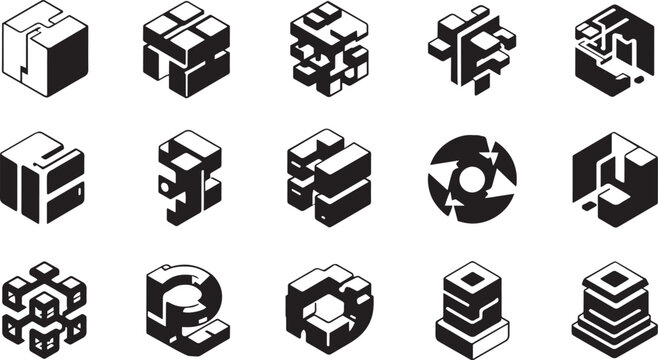 Isometric Block and Data Structure Icon Set for Blockchain Technology and Digital Storage Concepts