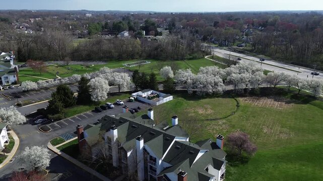Paper Mill Road Housing borders residential buildings overlooking fields near White Clay Creek. Dark green roofing, bright spring blossoms, warm directional light define textures, Newark, DE