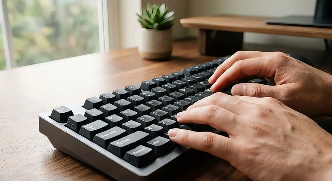 Hands Typing on Mechanical Keyboard at Modern Wooden Desk Workspace