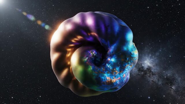 An amorphous, swirling cosmic entity with vibrant, iridescent hues, bathed in starlight, evokes a deep sense of cosmic wonder and the infinite mysteries of the universe, presented against