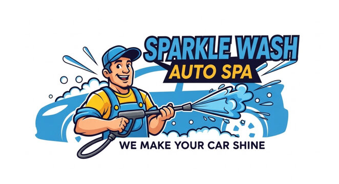 Sparkle Wash Auto Spa Logo with Man Washing Car.