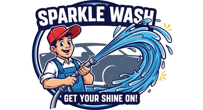 Sparkle Wash Car Wash Service with Cartoon Boy Spraying Water.