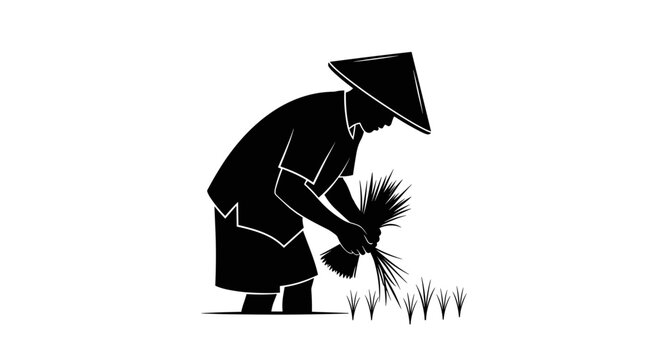 Man wearing conical hat planting.