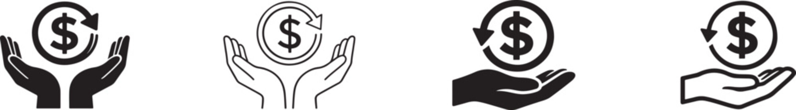 Cashback icon set showing money refund, return on investment, and hand receiving payment in vector style.