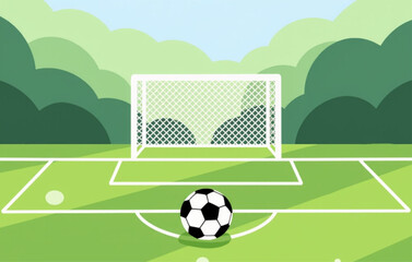 Soccer field with goal and ball in front of green trees under blue sky sports background © Wafa