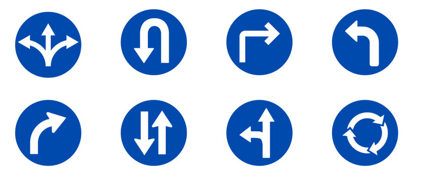 Collection of blue circular road signs with white arrows, providing essential directional guidance for various traffic maneuvers and safe navigation on streets and highways