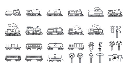 Vintage Steam Train Collection: Locomotives, Wagons, and Signals - Line Art © aa