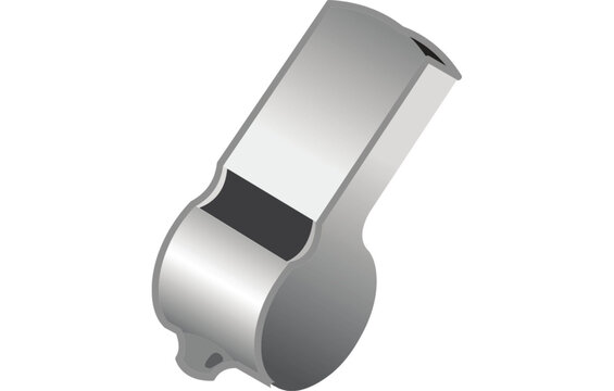 Silver metal whistle with black stripe on white background