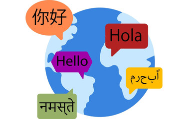 Globe with multilingual greetings and speech bubbles in various colors on white background © Wafa
