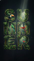 Naklejka premium Lush jungle foliage and exotic birds fill the letters spelling 