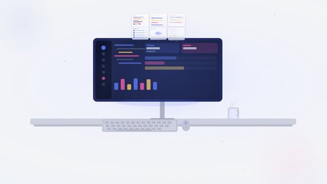 A clean, minimalist flat vector animation featuring a desktop computer displaying a coding interface and colorful data analytics charts.