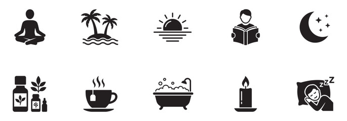 Naklejka premium Wellness and Relaxation Daily Routine Icon Set. Meditation, Sleep, Spa and Self Care Silhouettes. Vector Illustration.