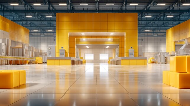 Modern bright empty industrial interior with yellow and white tile walls