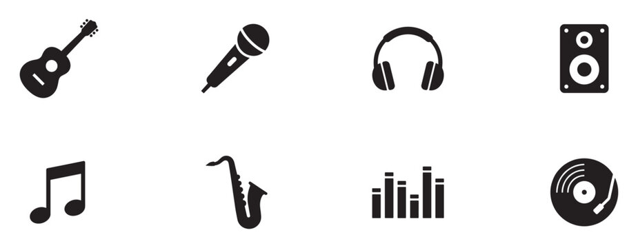 Music and Audio Equipment Icon Set. Musical Instruments and Sound Symbols. Vector Illustration.