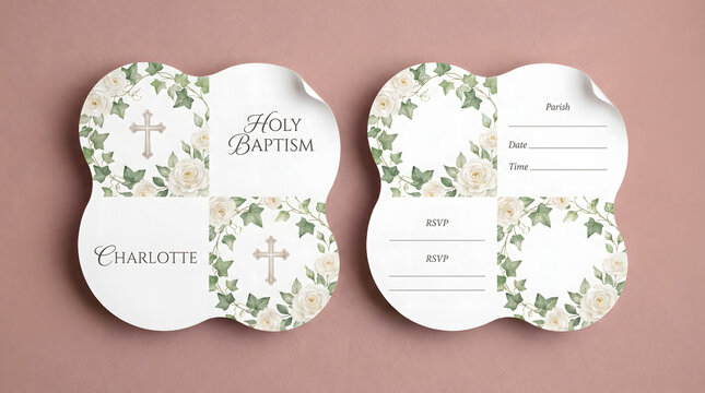 Holy Baptism invitation mockup for girls. Quadfoil shaped cards with watercolor white roses, ivy, and silver crosses on a dusty rose background. Elegant religious stationery template.