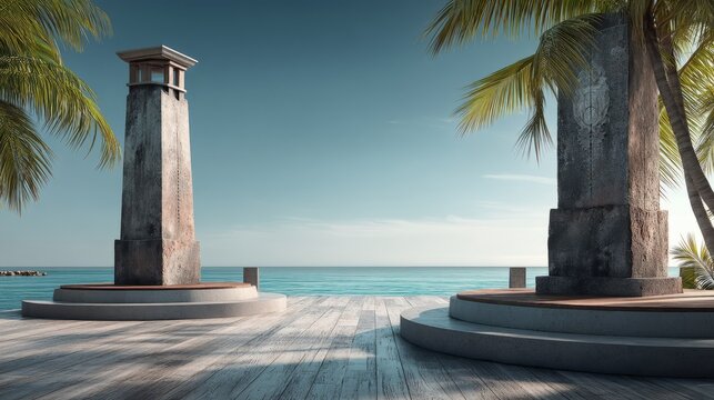 Tropical oceanfront wooden deck with two stone pillars and palm trees