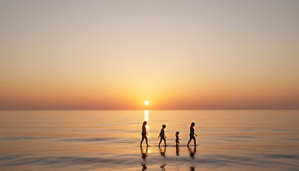 Fototapeta premium Silhouette people against dawn on a July morning walking in shallow sea water for a summer family holiday and peaceful togetherness concept with orange golden hour sunrise light