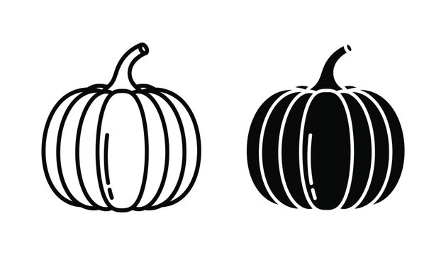 Pumpkin vegetable outline and solid silhouette vector icons for autumn harvest and Thanksgiving holiday design