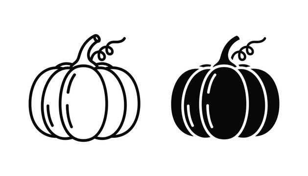 Pumpkin vegetable icon set in outline and solid black style for seasonal autumn harvest and thanksgiving design projects