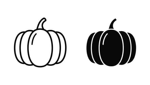 Pumpkin vegetable icon set in outline and solid black style for seasonal autumn harvest and thanksgiving design projects