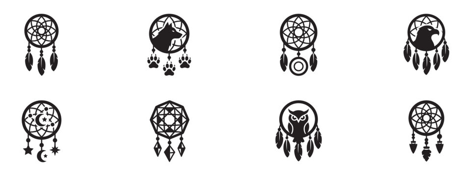 Dreamcatcher Icon Set with Animal Spirits. Native American, Ethnic and Boho Mystical Symbols. Vector Illustration.