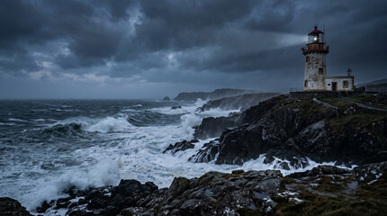 Obraz premium Lighthouse standing on rocky cliff during stormy sea waves