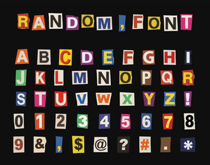vector ransom font cutout alphabet isolated on black background with handmade newspaper collage scrapbook typography © Graphic Land