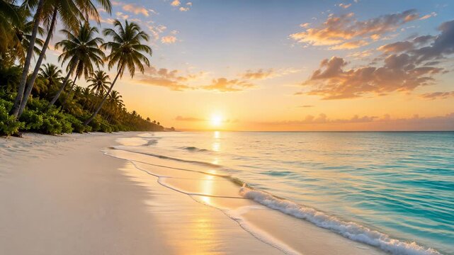 Tropical beach with palm trees and golden sunset over calm ocean waves and large copy space, exotic vacation destination, summer paradise, coastal relaxation, travel banner.