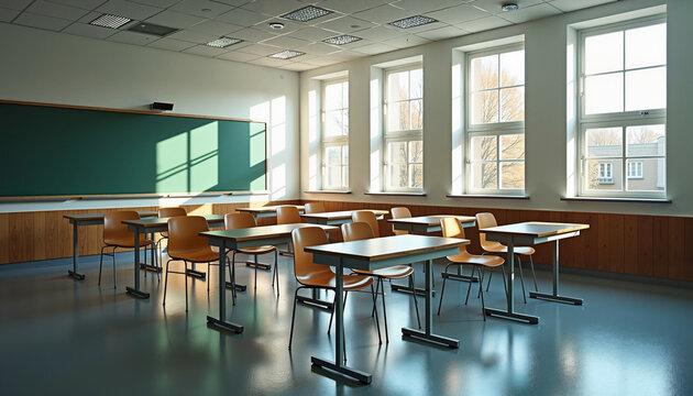 Empty classroom with natural light and modern design, educational setting, copy space