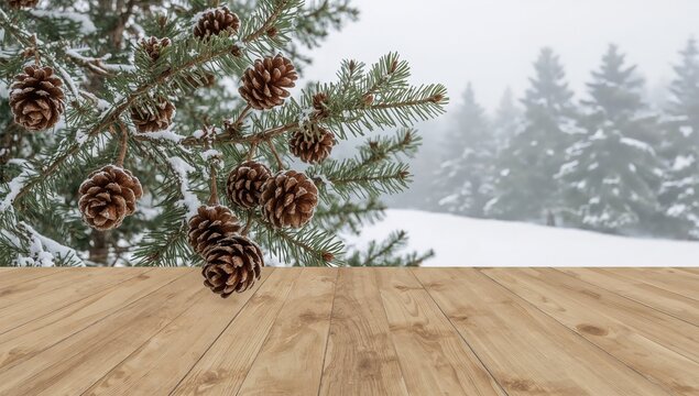 Pine cones on snowcovered branches with wooden table in frosty winter forest scene