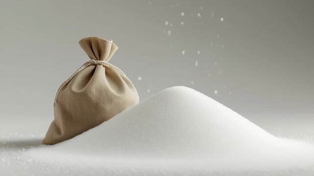 Burlap sack rests on sugar mound as fine crystals drift in light