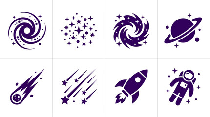 Collection of cosmic-themed icons showcasing galaxies, stars, planets, rockets, and astronauts © Kebo