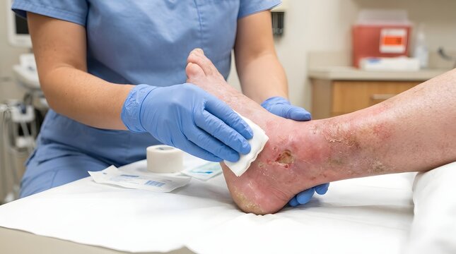 Nurse in Blue Gloves Applying Bandage on Senior Patient Leg with Varicose Veins at Hospital Clinic Medical Wound Care Vascular Treatment and Healthcare Service
