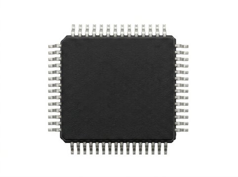 Black square microchip with multiple silver pins on white background