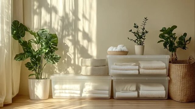 Organized home interior with clear plastic storage bins and potted plants in bright sunlight