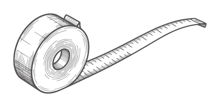 Black and white of a tape measure unspooling measuring tool ruler